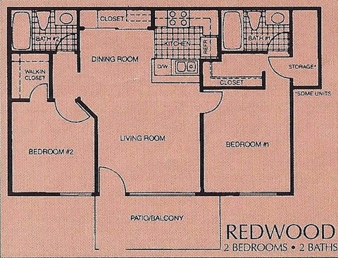 Floor plan for 2 beds, 2 baths, 801 sqft
